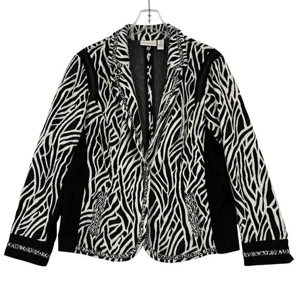 Chico's Blazer Jacket Size L Black White Jacquard Zebra Stripe Animal Stretch - Picture 1 of 12